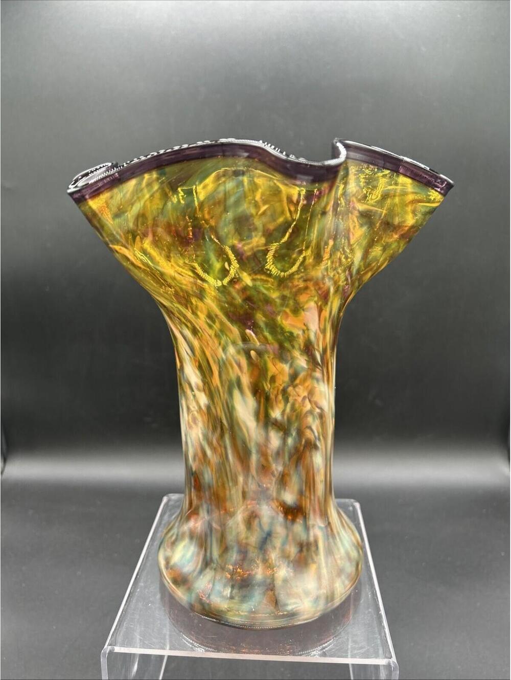 Studio Ruffled Glass Confetti Vase Yellow and Purple Signed 8.5”